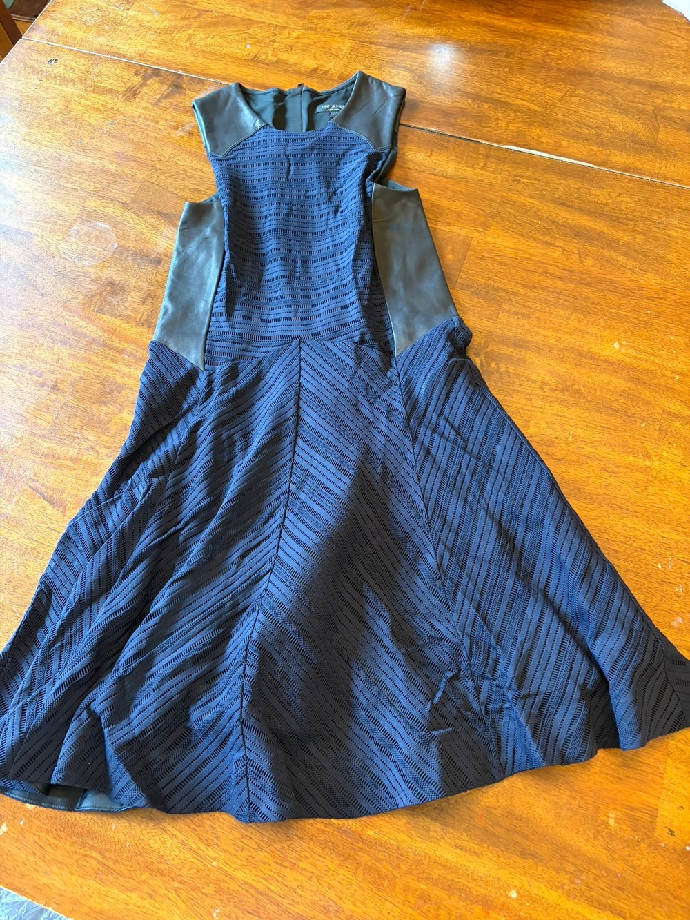 rag & bone Basha Navy Leather Trim Fit & Flare Dress Sz 0 Lamb Leather